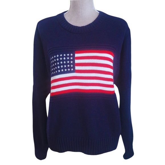 American Portrait USA Flag Retro Americana Knit Sweater Navy Blue Patriotic Sz M - Picture 1 of 8